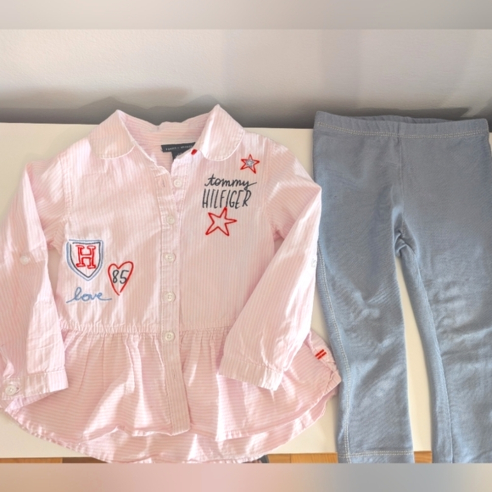 Tommy Hilfiger Blouse and Jeggings matching set In pink and blue Size 2T